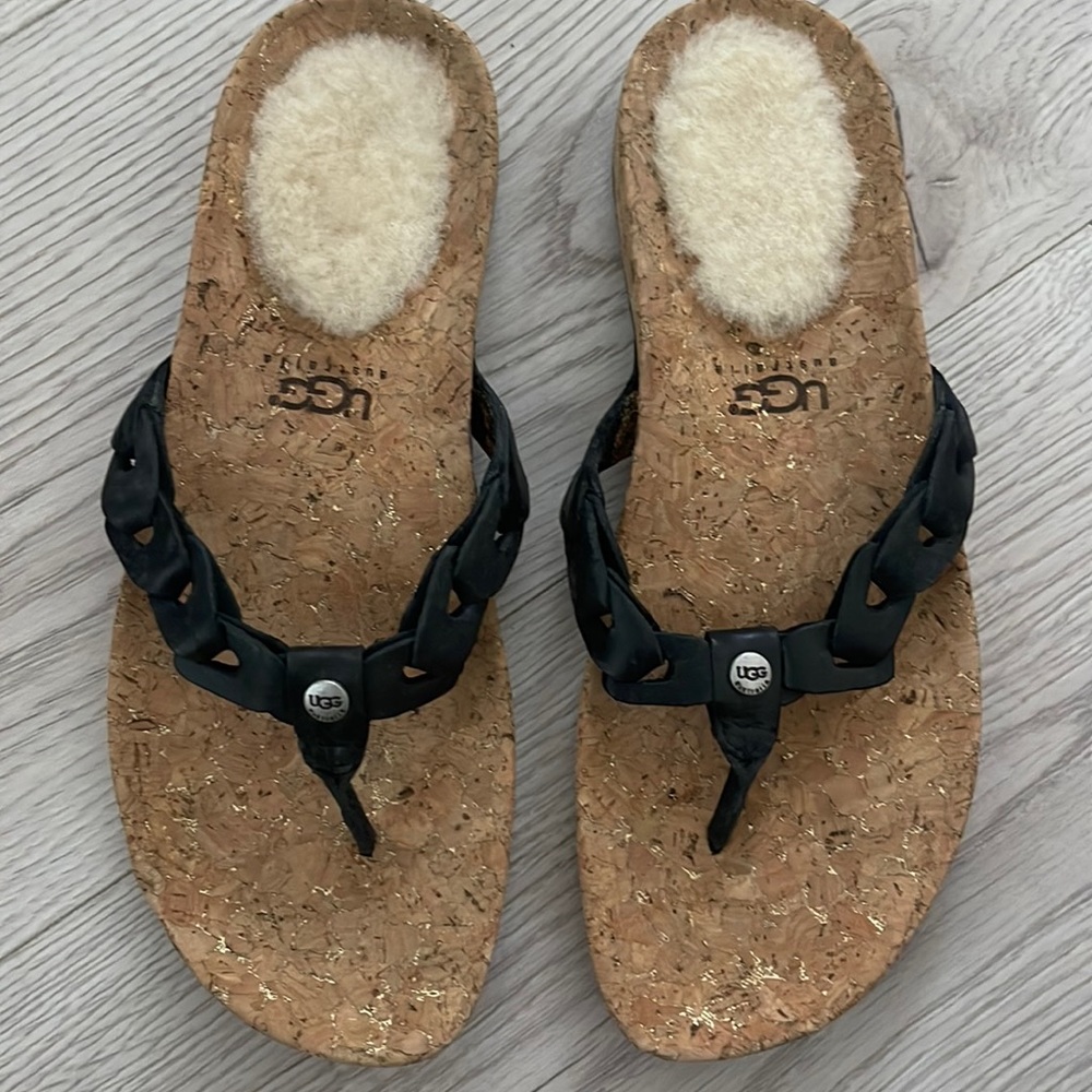 UGG flip flops cork bed black braided strap